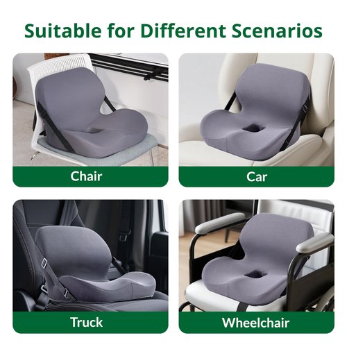 FuturaLoom One-Piece Memory Foam Seat & Back Cushion - Lumbar Support, Adjustable Strap, Non-Slip Bottom - Breathable Removable Cover for Office Chair, Car, Truck (Grey)