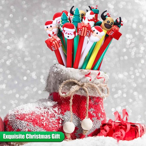 Zonon 100 Pieces Christmas Pens Holiday Novelty Fun Cartoon Characters Stick Black Gel Ink Rollerball Pens for Christmas Xmas Party Favors Goodie Bags Stuffer Gifts Office Supplies, 7 Styles