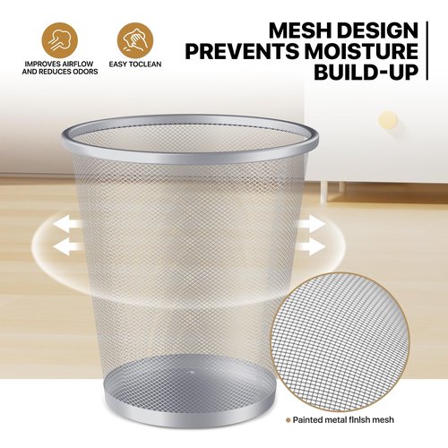 MoNiBloom 3-Gallon Mesh Trash Can for Office Small Metal Wire Garbage Bin Wastebasket for Home Bedroom Under Desk Dorm Room Lightweight Open-Top Waste Paper Basket Recyling Container (Silver, 2-Pack)