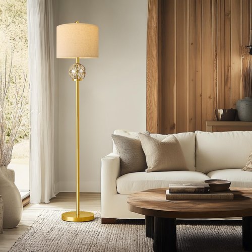 Oneach 61.5” Modern Floor Lamp for Living Room, Gold Boho Standing Lamp with Rattan Glass Design, Rotary Switch, Farmhouse Tall Lamps for Bedroom Office Dining Room (Without Bulb)