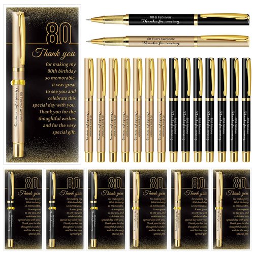 Feifeiya 50 Set 80th Birthday Party Favor for Guest Anniversary Party Favor with Black and Gold Ballpoint Pens and Thank You Cards for Women Men Birthday Anniversary Appreciation Gifts