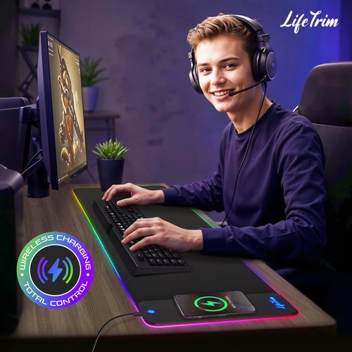 LifeTrim Wireless Charger LED Mousepad 35.5 x 12 Inch RGB Gaming Mouse Pad 10 Light Modes 4mm Thick Large Desk Pad Wireless Charging Cool Mouse Pad for PC Accessories & Gaming Gifts