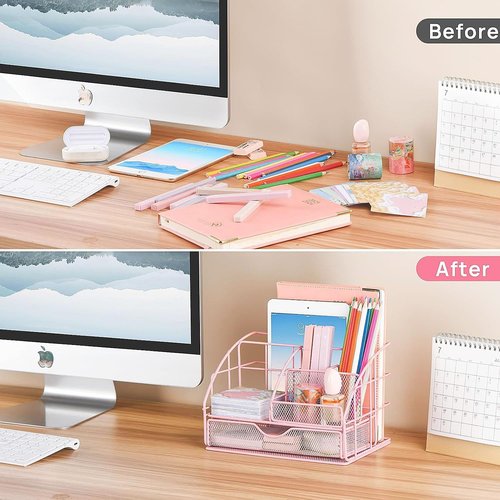 Pink Desk Organizers and Accessories, Pink Office Supplies with Mesh Desk Organizer, Acrylic Tape Dispenser and Stapler, Staples, Ballpoint Pen, Clips Set, Ruler, Scissor, Sticky Labels