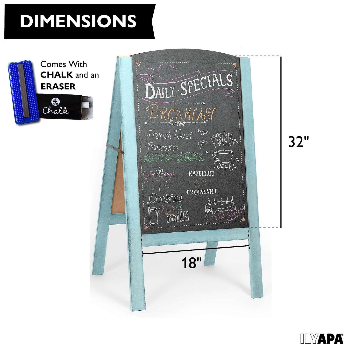 Ilyapa A-Frame Chalkboard Sidewalk Sign - Rounded Top Folding Menu for Restaurant, Business or Weddings, Office, Weddings - Seafoam, 18 x 32 Inches