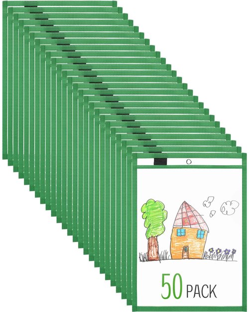 Nezyo Dry Erase Pockets Plastic Job Ticket Holders Shop Holder Order Pockets Clear Sleeves Tickets Folders Plastic Sleeves Paper Teacher Supplies for Classroom(14 x 10 in,Green,50 Pcs)