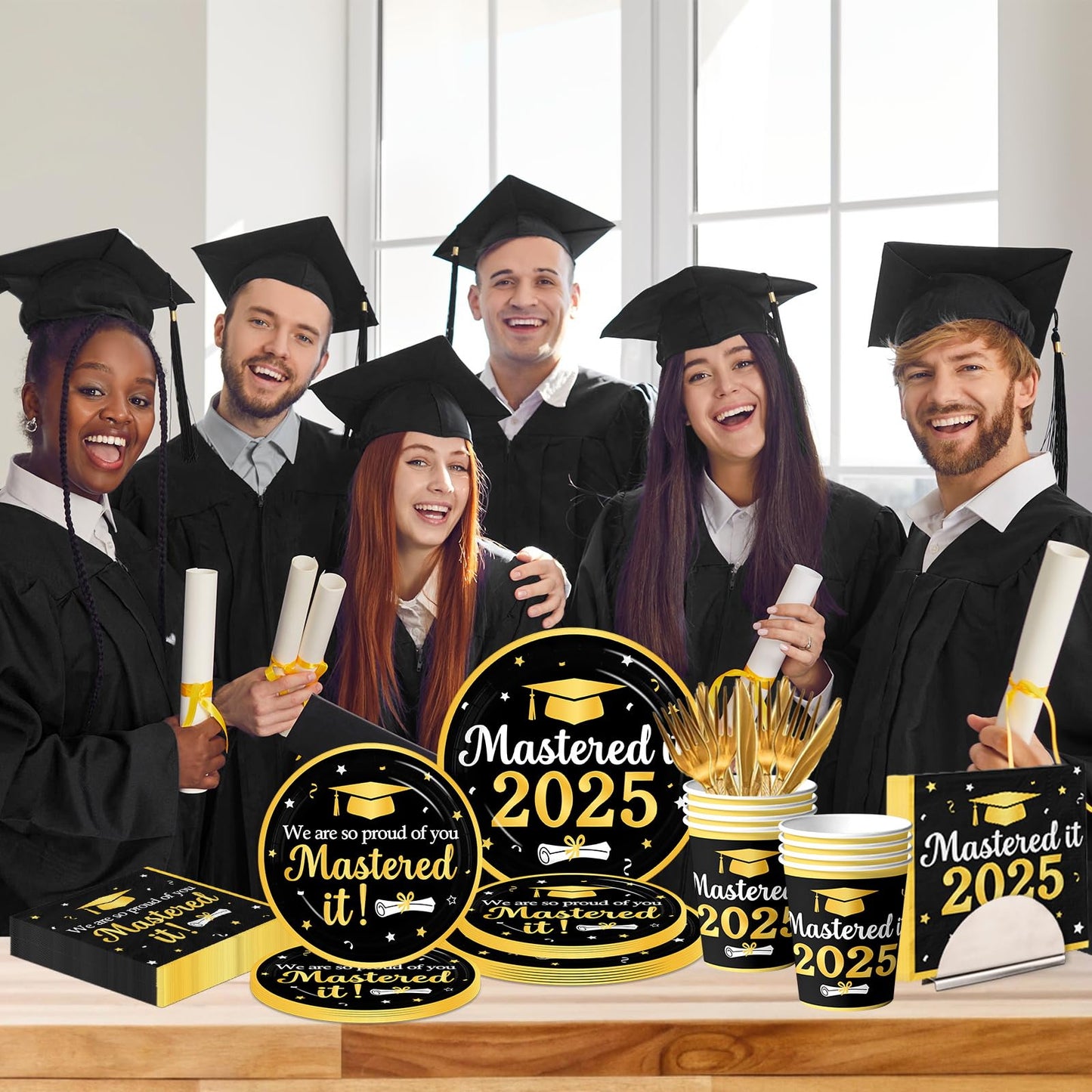 Graduation Decorations Class of 2026, Black Gold Mastered It 2026 Disposable Paper Plates Napkins and Cups for Master College High School Graduation Party Supplies Serve 25