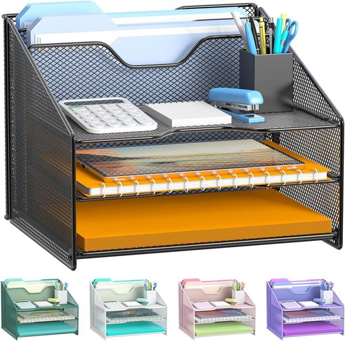 Samstar Desk File Organizer - Mesh Letter Holder with 3 Trays & 2 Upright Sections | Black Office Accessory