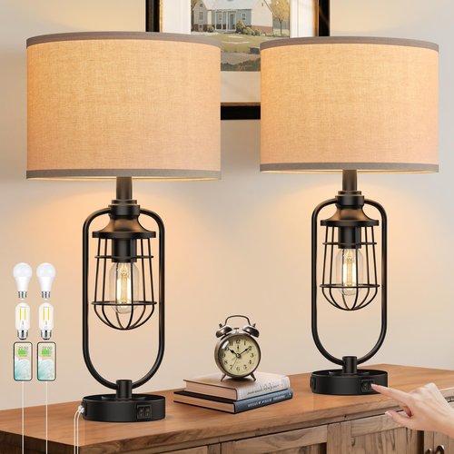 SRJJRS 24" Farmhouse Table Lamps for Living Room Set of 2, Black Rustic Lamps for Night Stands with USB Ports, Industrial Bedside Lamp for Bedroom End Tables, Bulbs Included