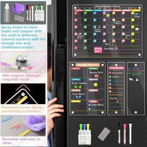 KWYADLUO Clear Acrylic Magnetic Calendar for Fridge, 16"x12" Monthly and Weekly Calendar Planner, Dry Erase Board for Fridge, Ideal for Family Organization and Events