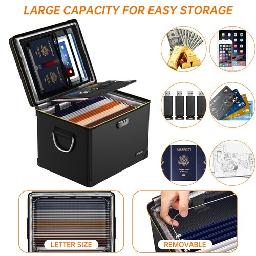 Fireproof Document Box with Fireproof Zipper,Hard Case Fireproof File Box with Lock,Insulated Non-Foldable Fireproof File Cabinet Large Portable Home Office File Organizer for Hanging Letter Folders