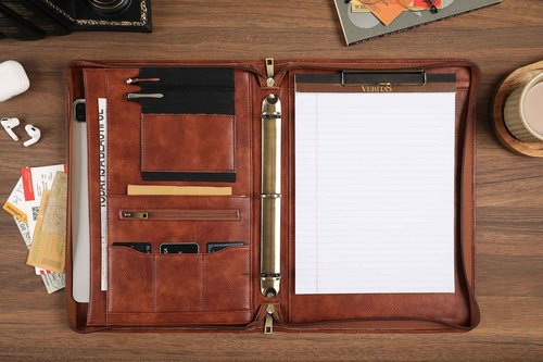 Handmade Leather Portfolio, Embossed Vegan Leather Padfolio Folio, Zipper Portfolio with A4 Letter Sized, Writing Pad Holder, Gifts for Women/Men, Brown