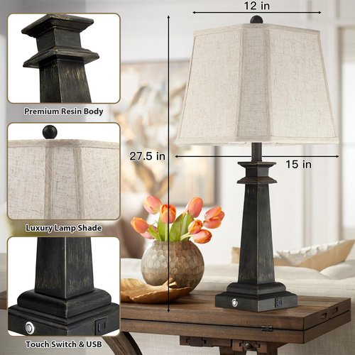 Hapcrea 27.5" Table Lamp for Bedroom, 3-Way Dimmable Touch Lamp for Nightstand, Farmhouse Table Lamp for Living Room with USB A+C Charging Ports, Bulb Included (Black)