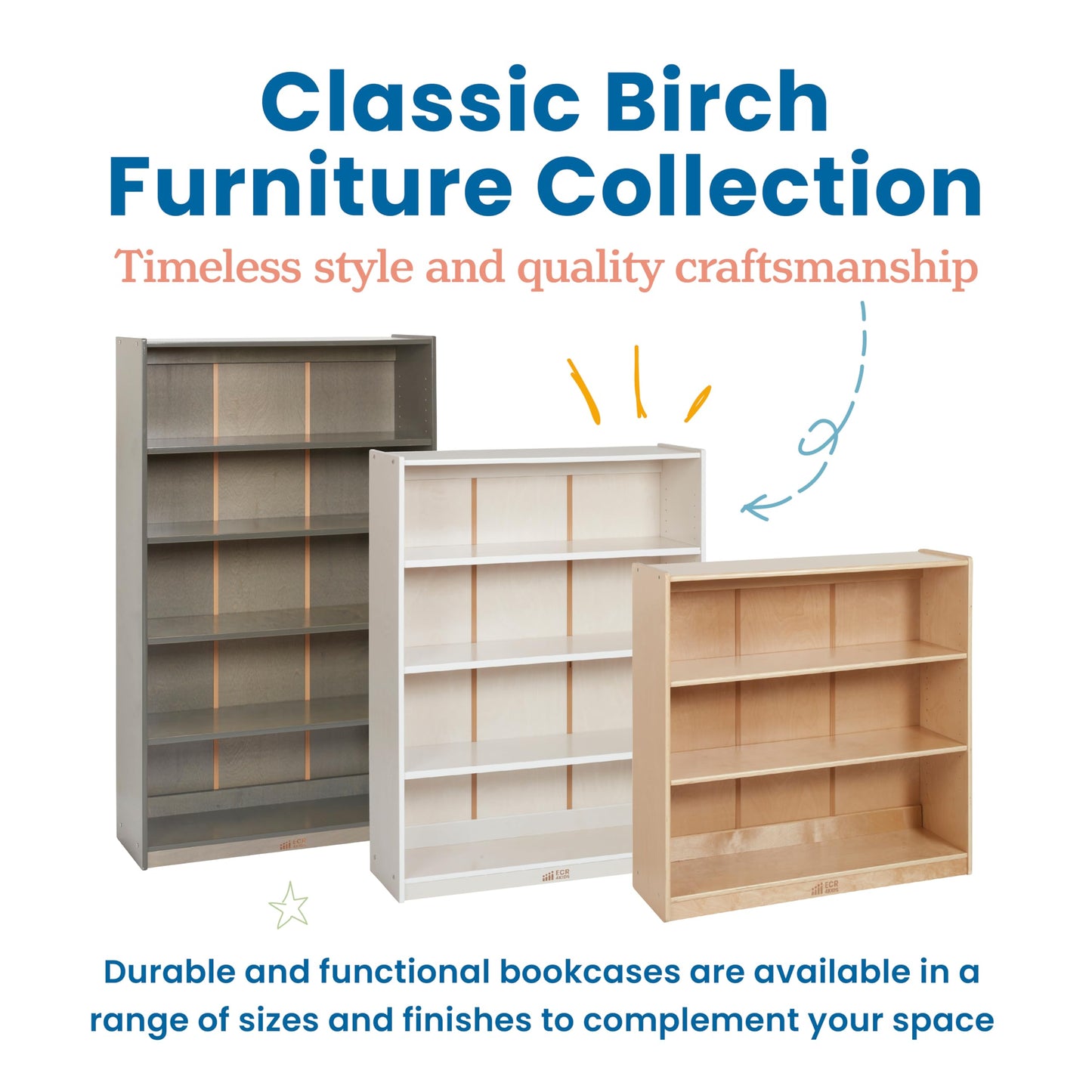 ECR4Kids Classic Wooden Bookcase with Adjustable Shelves, 36in, Classroom Bookshelf, White Wash