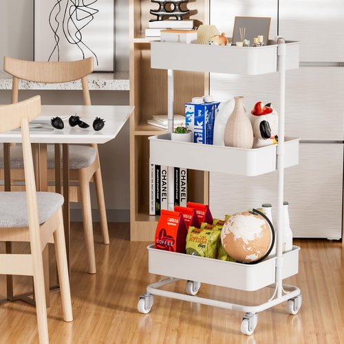 TECBOT 3 Tier Metal Rolling Cart with Wheels, Utility Storage Cart with Handle and Lockable Casters, Storage Basket Organizer Shelves, Easy Assemble for Kitchen, Living Room, Office, Nursery, White