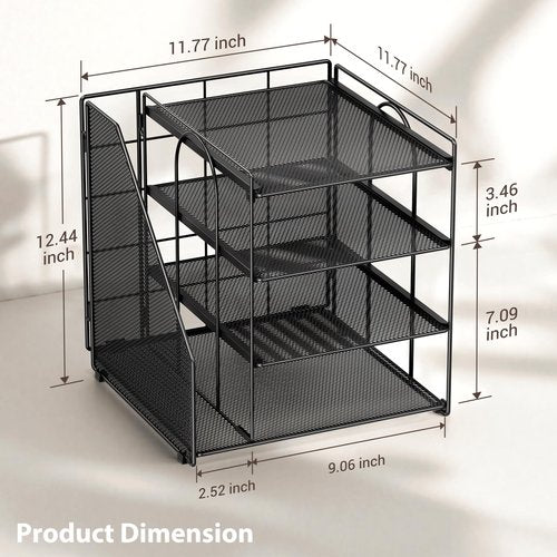 Becomrock Desk File Organizer and Accessories, 4-Tier Paper Organizer with Vertical File Holder, Office Desk Accessories & Workspace Organizers and Storage for Office Supplies (Black)