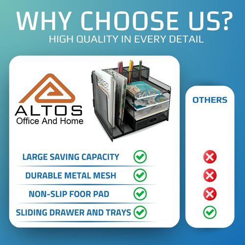ALTOS OFFICE AND HOME Metal Mesh Desk Organizer, 1 Sliding Drawer, 4 Horizontal Trays and 2 Vertical Sections, with 3 Spaces for Pencils and Accessories Black, Reinforced Edges, Electrostatic Paint