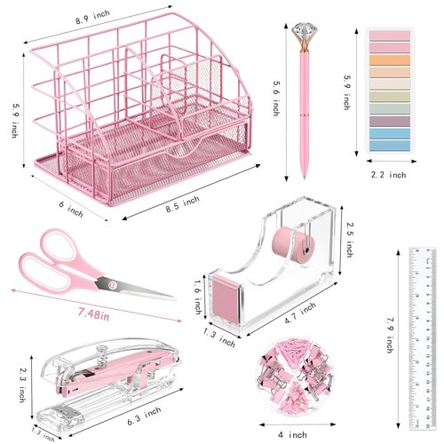Pink Desk Organizers and Accessories, Pink Office Supplies with Mesh Desk Organizer, Acrylic Tape Dispenser and Stapler, Staples, Ballpoint Pen, Clips Set, Ruler, Scissor, Sticky Labels