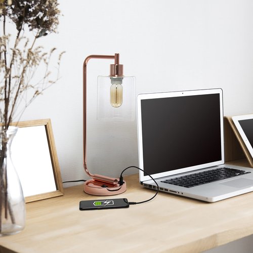 Simple Designs LD1066-RGD-LB Industrial Vintage Bronson Iron Lantern Desk Table Lamp with USB Port and Glass Cylinder Shade for Office, Living Room, Bedroom, Rose Gold, with Feit LED Bulb Included