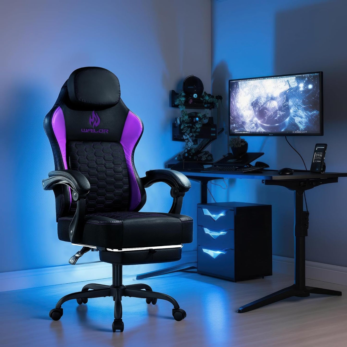 WAILOR Gaming Chair - High Back Leather Chair with Pocket Spring Cushion & Footrest | Supports 300LBS