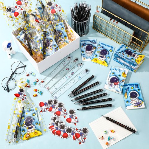 Sinload 24 Sets The First Day of School Gifts Space Theme Stationery Bulk Space Party Favors Mini Notebooks Mechanical Pencil Ruler Eraser Astronaut Cards for School Classroom Birthday Party Supplies