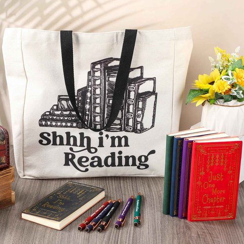 Fulmoon 10 Set Christmas Book Club Gifts Bulk Book Lovers Canvas Tote Bags with Notebooks Ballpoint Pens for Bookish Librarian Reader Women Gifts