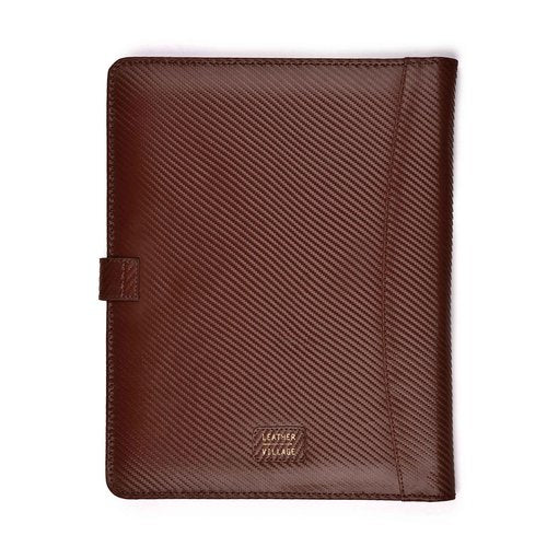 LEATHER VILLAGE Portfolio Professional Organizer– Carbon Fiber Genuine Leather Padfolio Resume Folder for A4 Letter Pad with Pen Holder, Business Card Slots & Writing Pad– Ideal for Men & Women-Brown