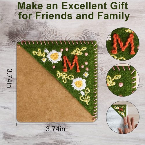 Personalized Hand Embroidered Corner Bookmark,Felt Triangle Page Stitched Handmade Bookmark,Unique Cute Flower Letter Embroidery Bookmarks Accessories for Book Lovers