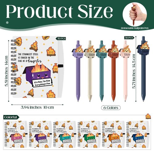 Resurhang 60 Pcs Dumpster Fire A6 Notebooks Pens Bulk Boss Day Inspirational Funny Gift Set with Saying Dumpster Fire Notepad Ballpoint Pen Dispatcher Employee Appreciation Gift (Colorful)