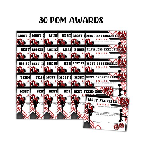 Pom Achievement Awards 30pk 8.5x11” Unique Team Cheer Dance Team End of Year Certificates Recognition Best Jumps Spirit Participation
