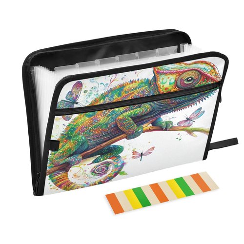 13 Pockets Expanding File Folders with Labels A4 Letter Size Paper Accordion Document Organizer with Zipper Office School Cartoon Chameleon Reptile White