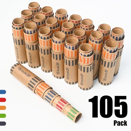 L LIKED Coin Roll Wrappers - 105 Assorted Rolls for Quarters, Pennies, Nickels, Dimes & Dollars