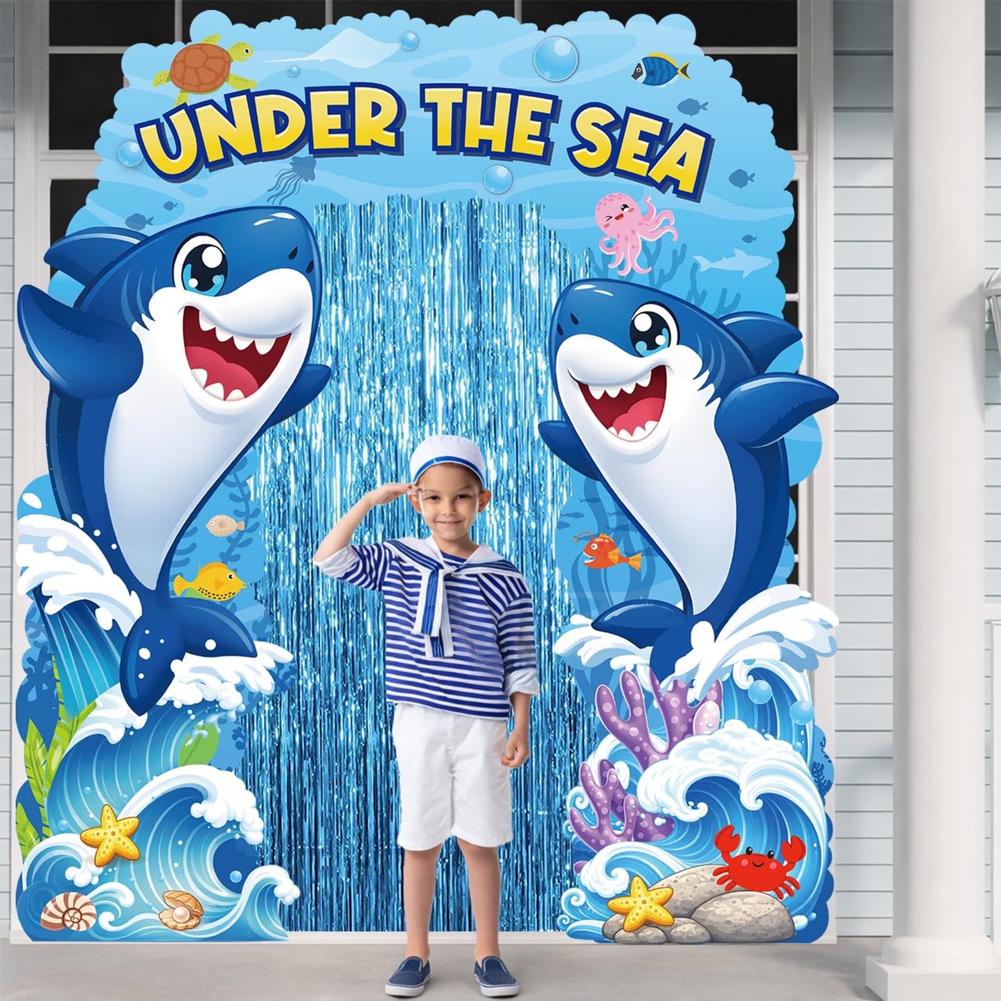 Ocean Theme Door Banner Decoration with Blue Foil Fringe Curtains Under the Sea Porch Signs Summer Birthday Party Decorations Ocean Photo Booth Backdrop Hanging Decor 94.5 x 91 Inch