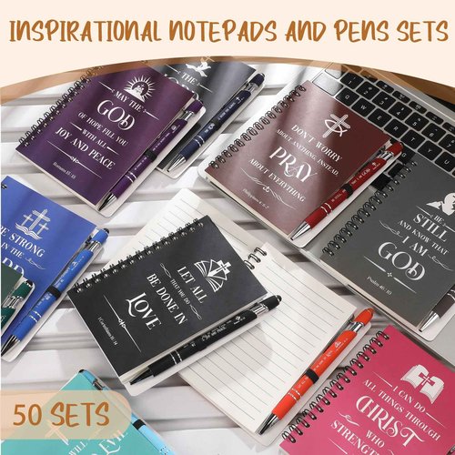 Gueevin Christian Notebook and Pen Set Includes Bible Verse Notepads Metal Pens Black Ink, Christian Quotes Notebook and Ballpoint Pen Bulk Christmas Religious Gift for Women Men (100)