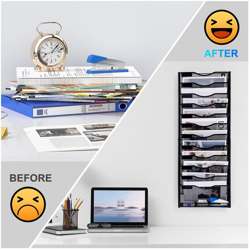 Solinxe 12-Tier Wall File Organizer, Mesh Mail Organizer Wall Mounted Paper Document Holder, Vertical Magazine Rack, Metal Hanging Clipboard Storage Basket for Office Home School Organization, Black