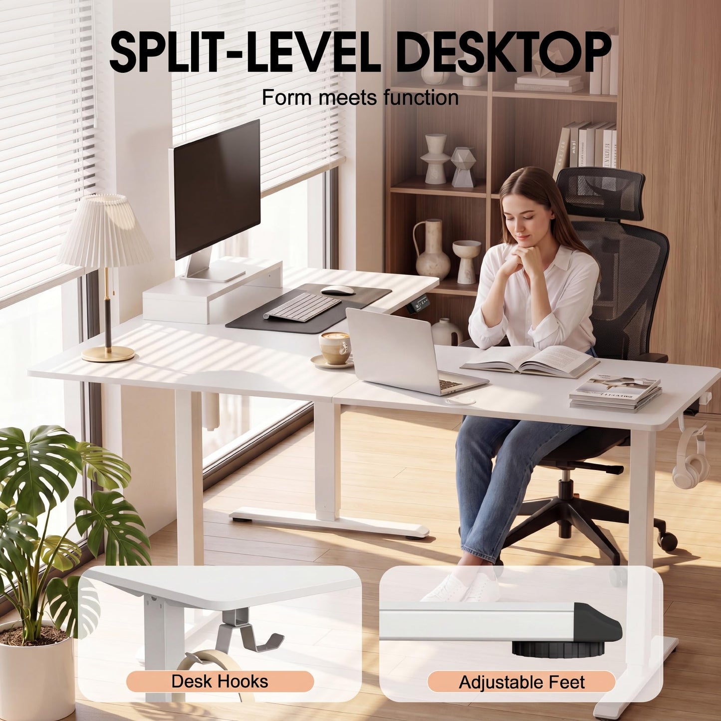 Furmax 63 x 55 Inch L Shaped Standing Desk with 2 Preset Heights, Electric Height Adjustable Computer Table, 2 Hooks & Feet Balance, Corner Sit Stand Desk for Home Office (White, 63 x 55 Inch)
