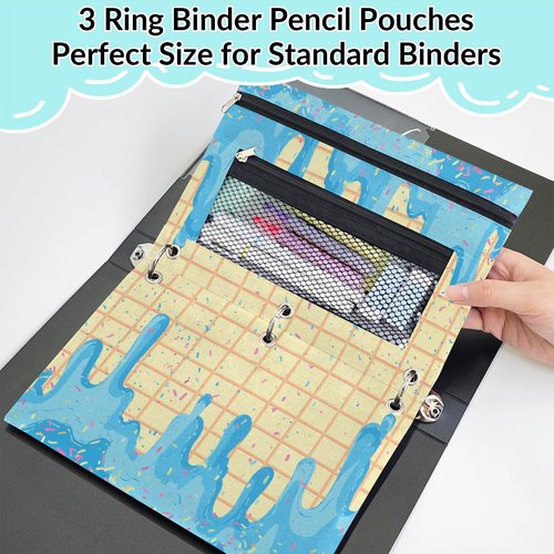 Gumuslen Blue Ice Cream Pencil Pouch for 3 Ring Binder Waffles Biscuit Pencil Case Bag with Clear Window Zipper Pockets for Kids Girls Boys Students School College Supplies 2 Pack