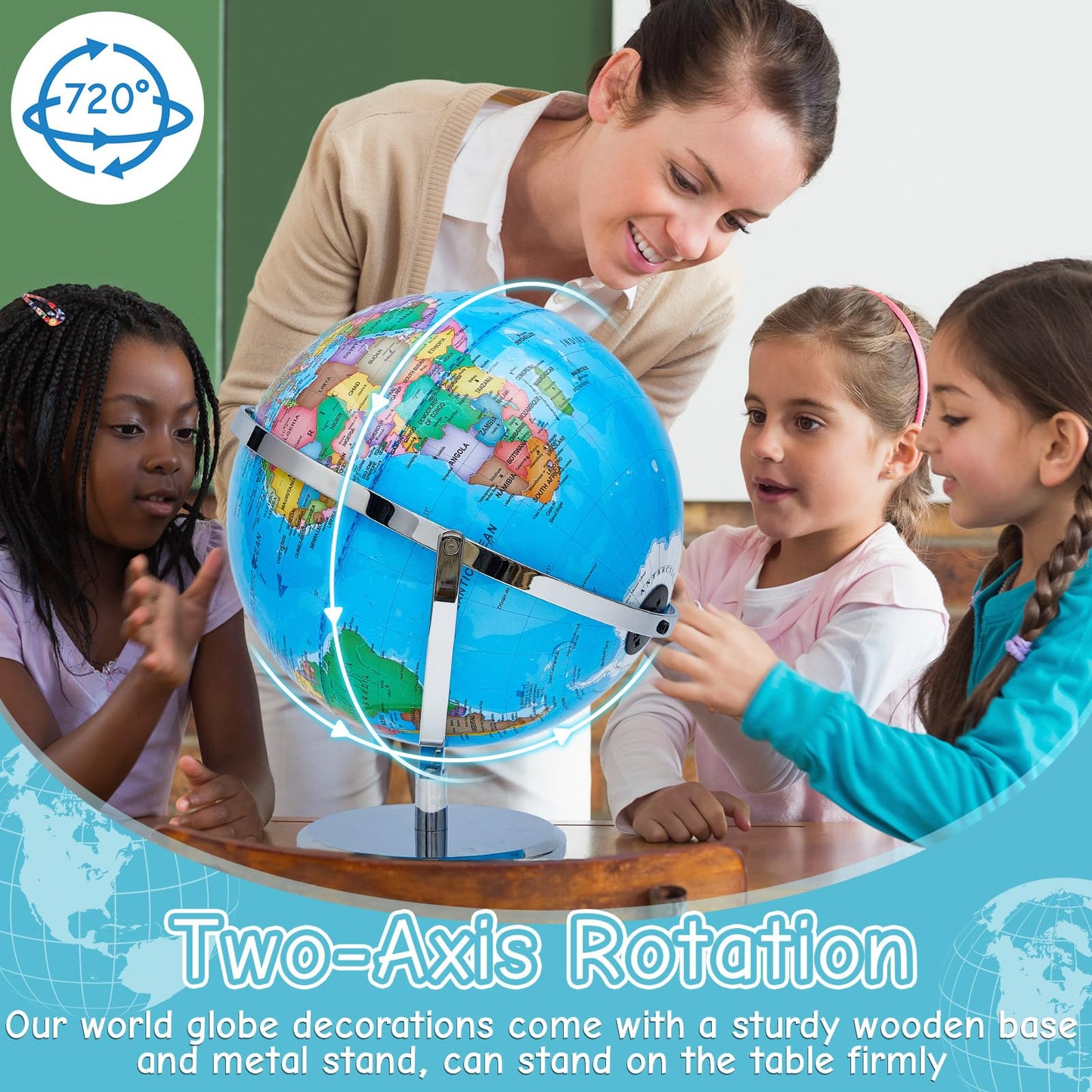 Amylove 13'' Illuminated World Globe for Adults 720°/360° Rotation Rewritable Kids Light-up Globe with Stand World Map for Interactive Learning Light with Base Lamp LED Decor(Metal,Practical)