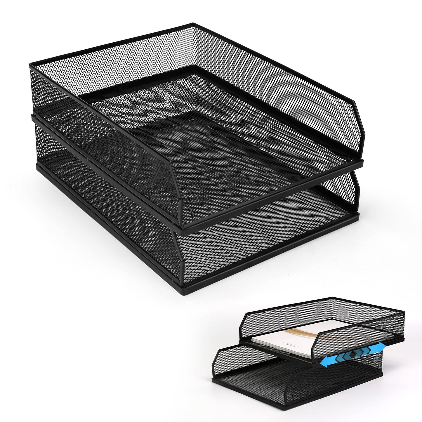 Stackable Paper Tray Desk Organizer, 2 Pack Letter File Tray, Wire Mesh Desktop Organizer, Front-Load Metal A4 Paper Sorter Documents Storage Holder Tray for Office Supplies Home School Classroom