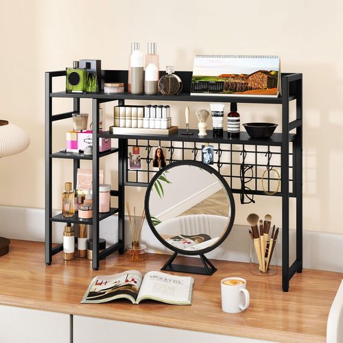Giantex Desktop Bookshelf, 37" Desk Shelf for Up to 32" Computer Monitors, 4 Tier Desktop Display Shelves with Grid Panel, 6 Movable Hooks, Anti-tip Device, Desk Hutch for Home Office Dorm (Black)