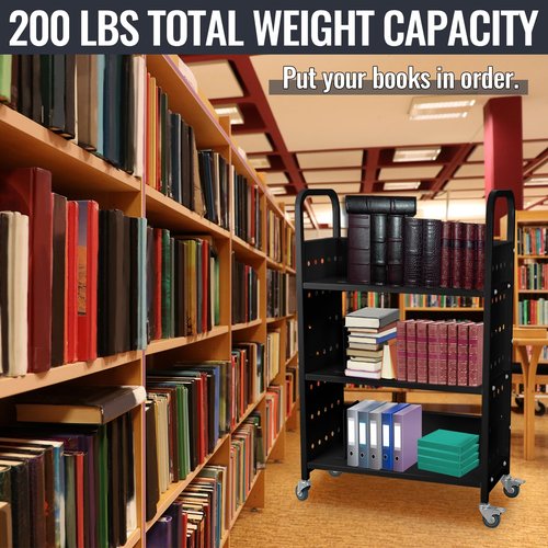 OUKIDR Book Cart, 200LBS 3-Shelf Library Cart, Single Sided V-Shaped Rolling Book Cart with 2 Lockable Wheels for Home Shelves Office School Book Truck, Black