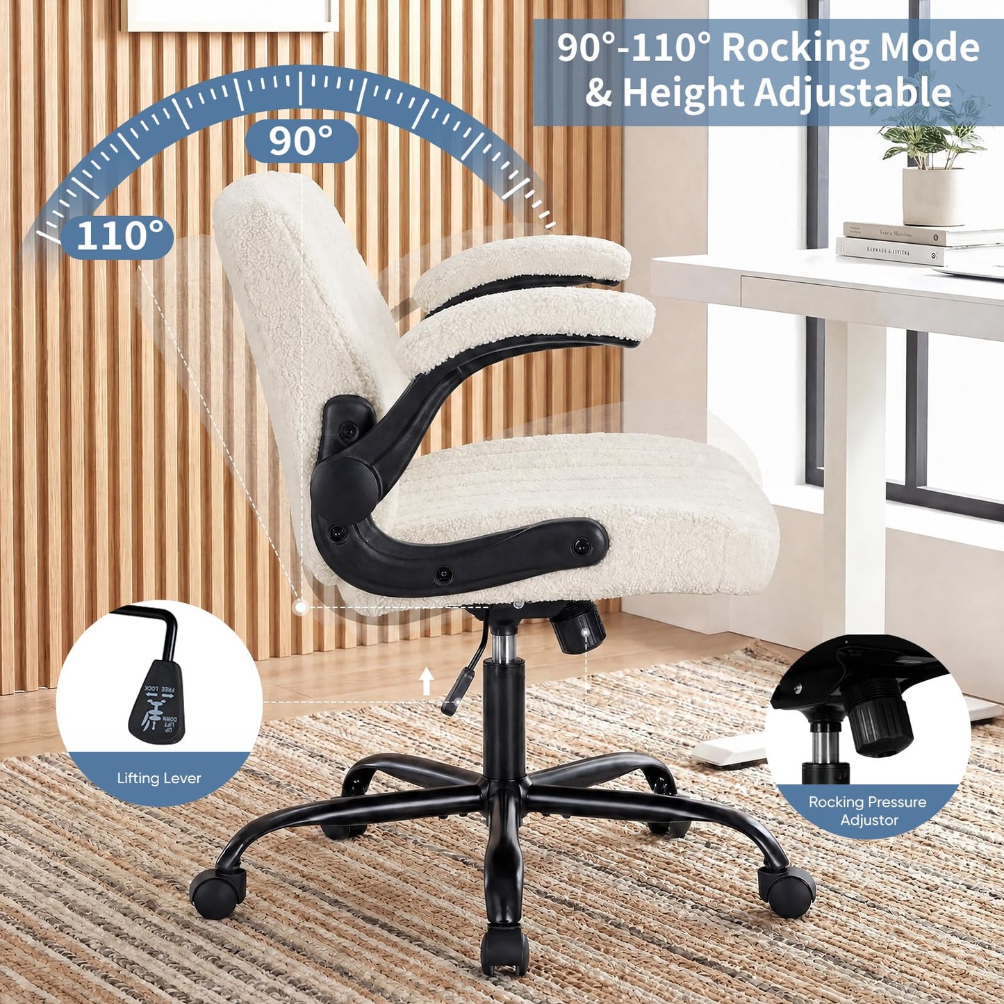 DUMOS Criss Cross Home Office Chair with Wheels, Wide Cross Legged Desk Vanity Chair Comfy Fabric Flip-Up Armrests Adjustable Swivel Chairs for Home Computer Bedroom, Beige