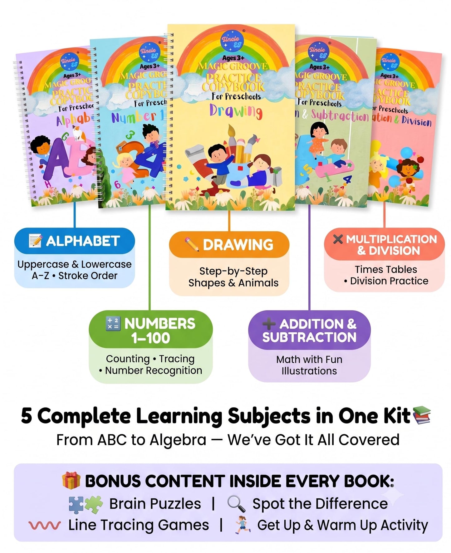 Large Magic Handwriting Practice Workbooks, Reusable Grooved Handwriting Practice for Kids 3-8, Toddler Writing Practice, Math Calligraphy, Letter Tracing, for Kindergarten Preschool, The Fun Kit