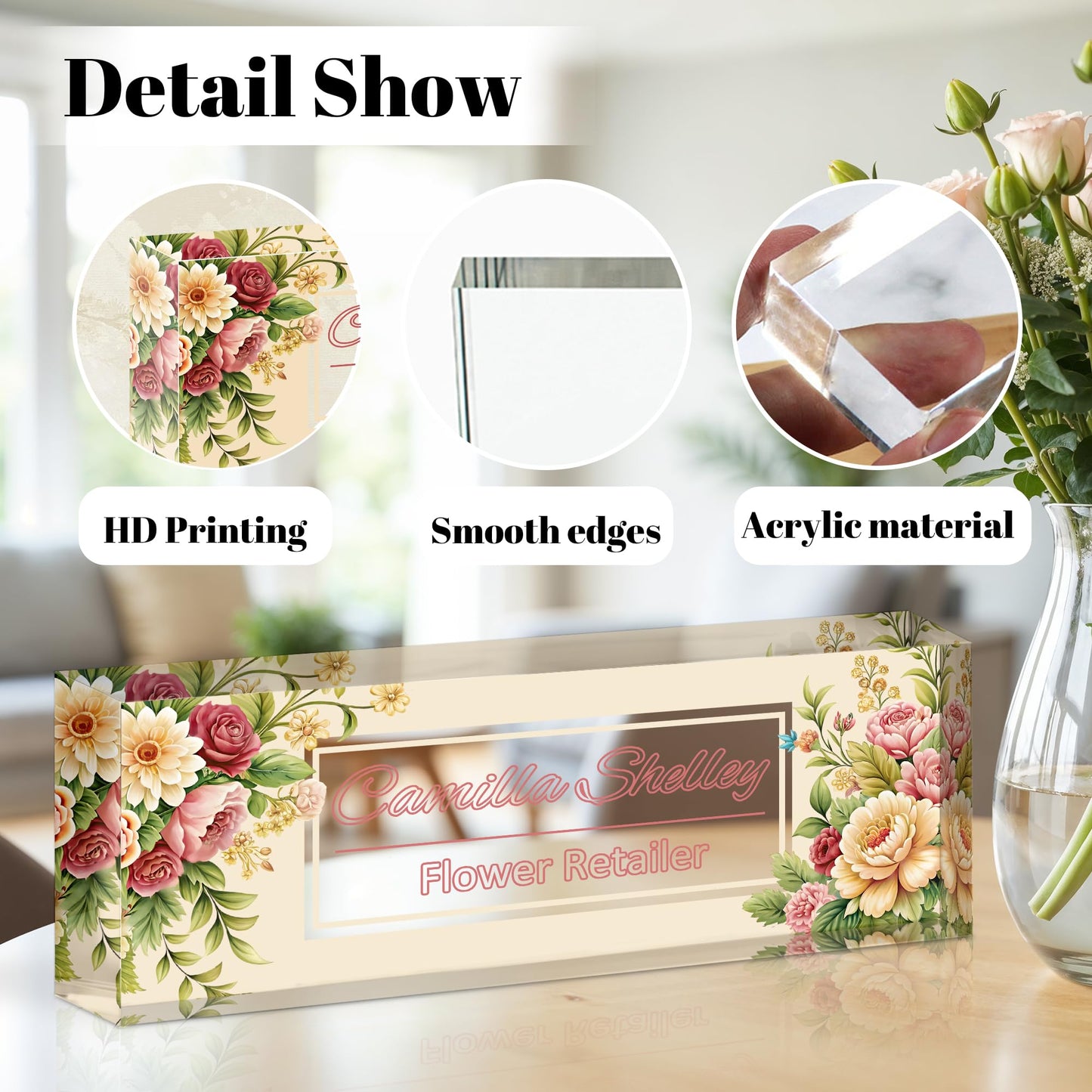 Personalized Name Plate for Desk, Custom Acrylic Desk Name Sign, Office Appreciation Gifts for Women Men Coworkers Boss Teacher Employee (Flower-Rose)