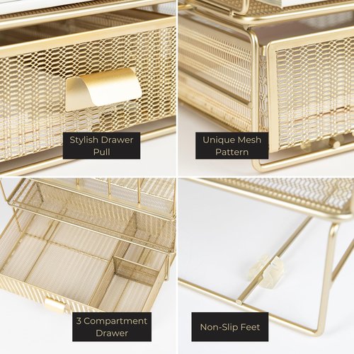 BLU MONACO Gold Desk Organizer, Gold Desk Accessories Set for Women, Includes Detachable File Organizer, Stackable Paper Tray & Drawer, Office Supplies for Desk