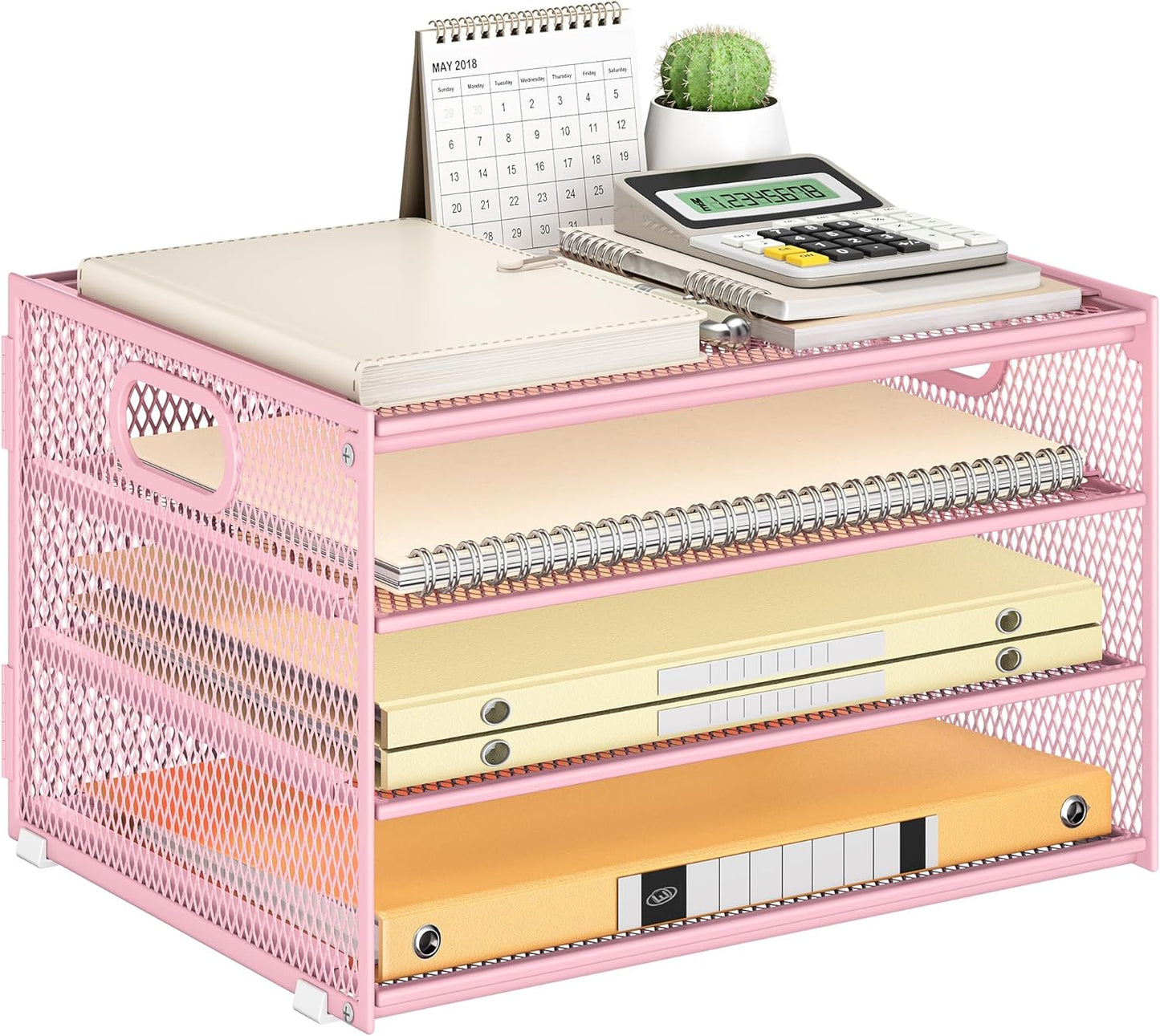 Subekyu Desk Organizer - Pink Metal Mesh Letter Tray with Handle & 2 Sliding Trays for Home Office