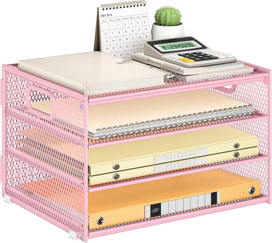 Subekyu Desk Organizer - Pink Metal Mesh Letter Tray with Handle & 2 Sliding Trays for Home Office