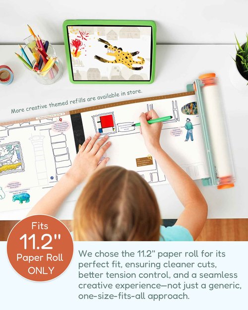 InspoRolle Refillable Paper Roll Dispenser for Kids – 11" x32ft Drawing Paper Roll for Doodling, Art, Crafts, Learning & Classrooms – Safe Cutter + Magnetic Lid (Orange)