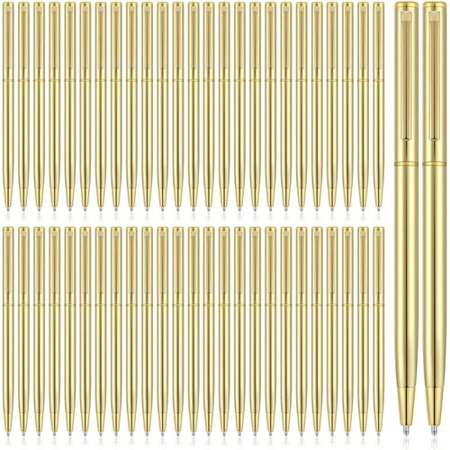 Zonon 100 Pieces Gold Metal Slim Ballpoint Pens Bulk Retractable Metallic Black Ink 1 mm Medium Point Smooth Writing Pens for Wedding Business Office Supplies Students Teachers Men Women Present