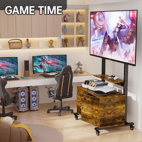 EZISE Mobile TV Stand with Foldable Table, Wood TV Stand on Silent Wheels for TVs up to 75 Inch, Entertainment Center with Storage Cabinet for Living Room, Bedroom, Kitchen, Office