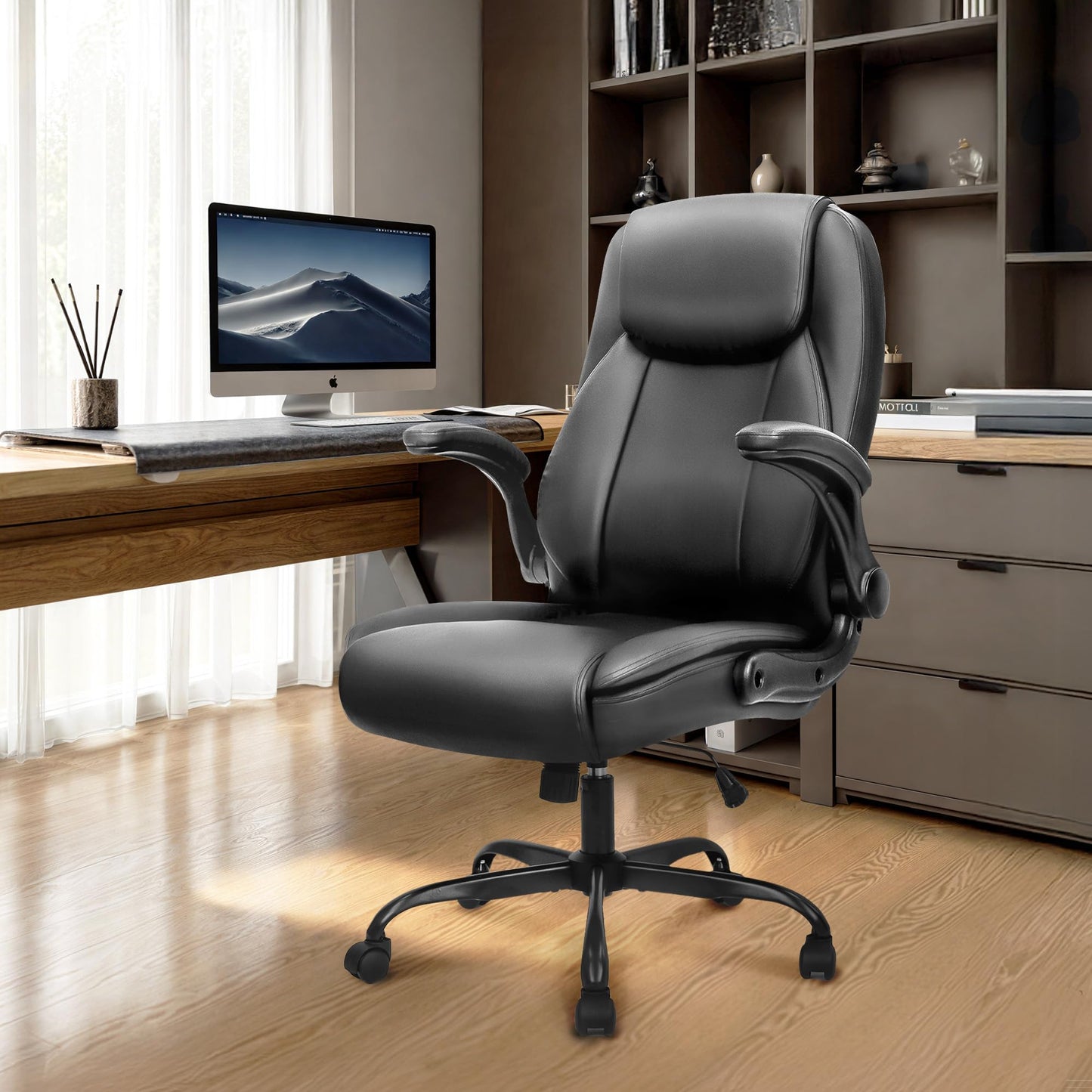 NEO Chair Ergonomic Office Chair PU Leather Executive Chair Padded Flip Up Armrest Computer Chair Adjustable Height High Back Lumbar Support Wheels Swivel for Gaming Desk Chair